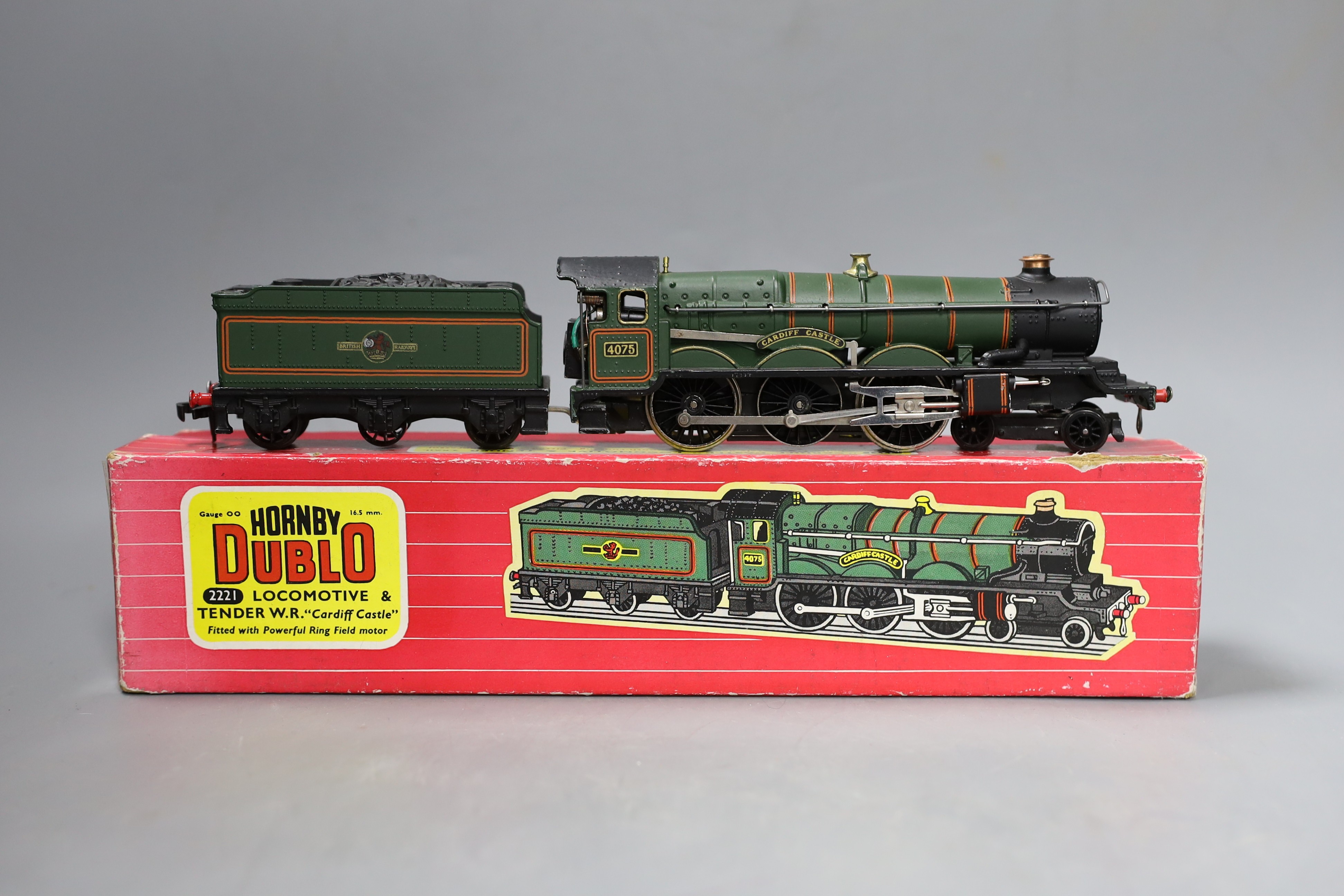 Two boxed Hornby Dublo locomotives and tenders – 2221 Cardiff Castle locomotive and tender and 2235 West Country locomotive Barnstaple and tender